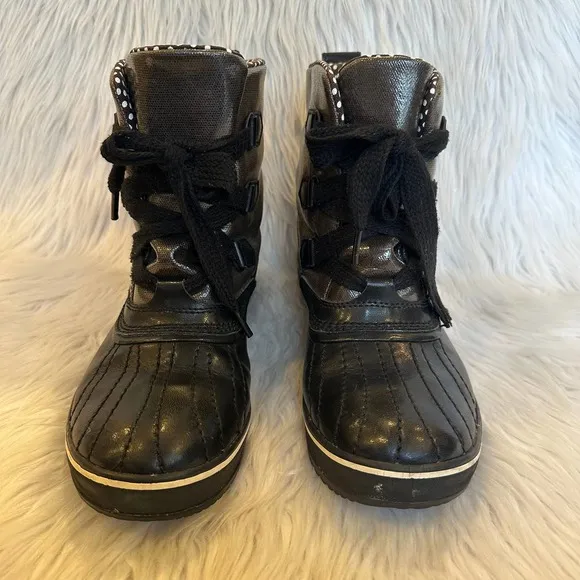 SOREL Tivoli Rain Boot Lace Up Waterproof Metallic Leather Duck Boot Snow, Black