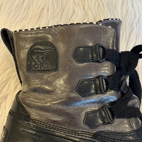 SOREL Tivoli Rain Boot Lace Up Waterproof Metallic Leather Duck Boot Snow, Black