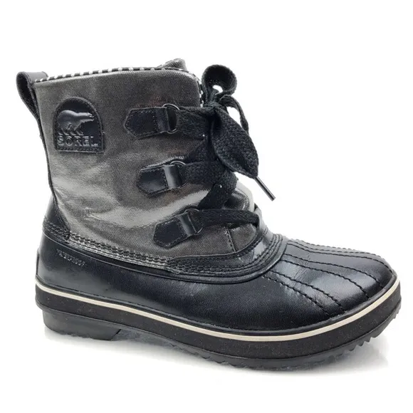 SOREL Tivoli Rain Boot Lace Up Waterproof Metallic Leather Duck Boot Snow, Black