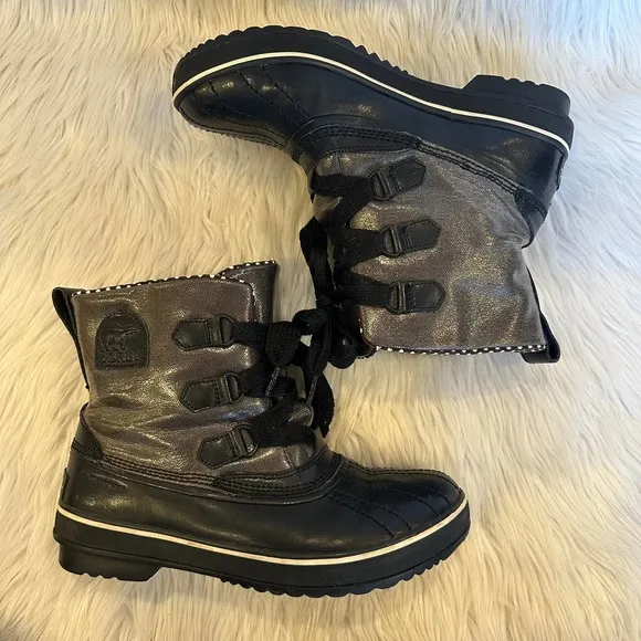 SOREL Tivoli Rain Boot Lace Up Waterproof Metallic Leather Duck Boot Snow, Black
