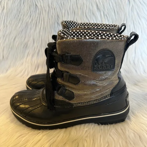 SOREL Tivoli Rain Boot Lace Up Waterproof Metallic Leather Duck Boot Snow, Black