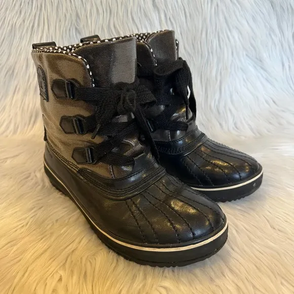 SOREL Tivoli Rain Boot Lace Up Waterproof Metallic Leather Duck Boot Snow, Black