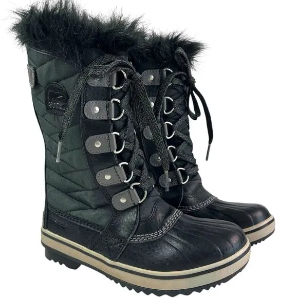 SOREL Tofino II Snow Winter Boots Youth sz 2 Girls Fur Trim Waterproof Lace Up