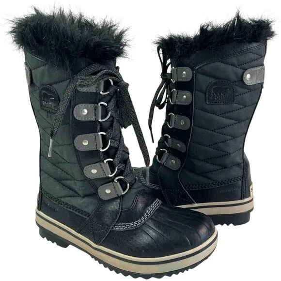 SOREL Tofino II Snow Winter Boots Youth sz 2 Girls Fur Trim Waterproof Lace Up