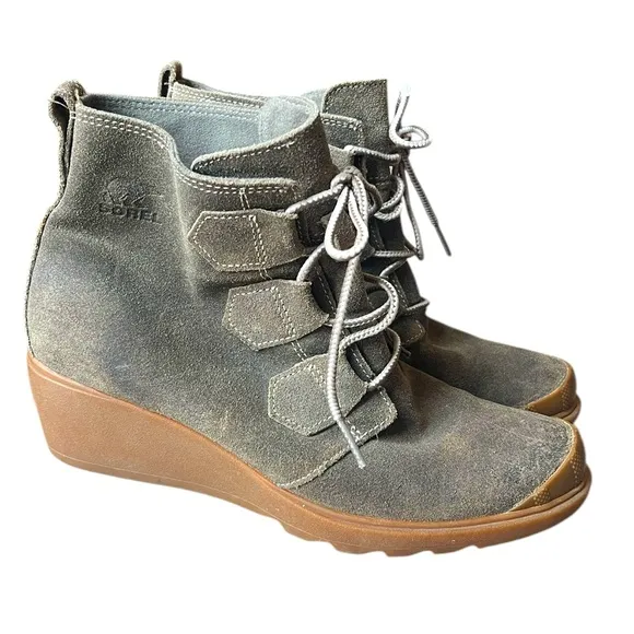 Sorel Toronto Boots Green Suede Lace Up Wedge Ankle Booties Waterproof Women 8.5