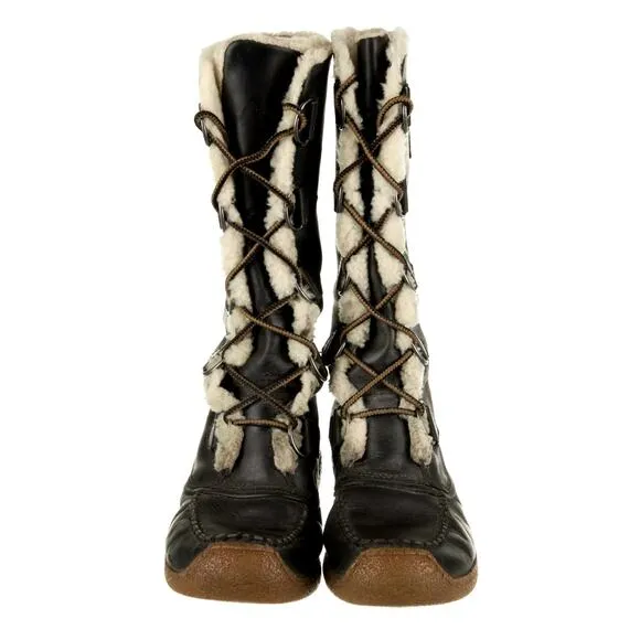 Sorel Womans 8 Chugalug Tall Leather Winter Boots Lace Up Fur Trim Black Cream