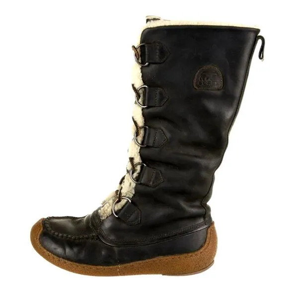 Sorel Womans 8 Chugalug Tall Leather Winter Boots Lace Up Fur Trim Black Cream
