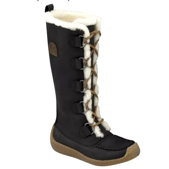 Sorel Womans 8 Chugalug Tall Leather Winter Boots Lace Up Fur Trim Black Cream