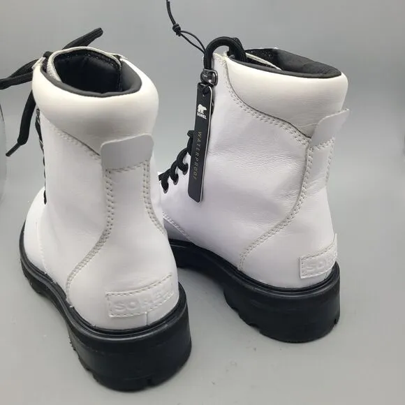 Sorel women boots Lennox White Leather Black Laces Combat Waterproof  Size 8 new