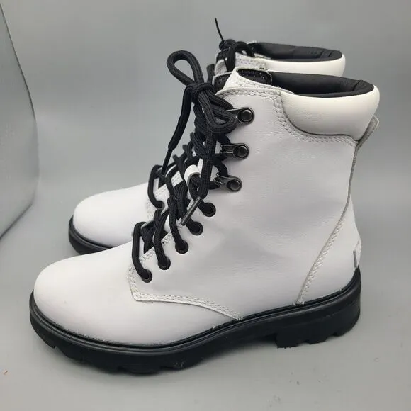 Sorel women boots Lennox White Leather Black Laces Combat Waterproof  Size 8 new