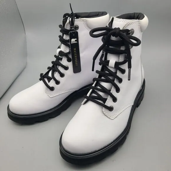 Sorel women boots Lennox White Leather Black Laces Combat Waterproof  Size 8 new
