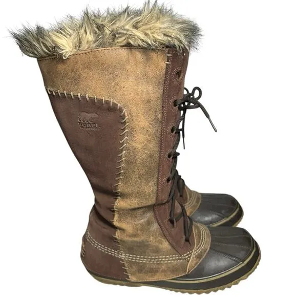 Sorel Women’s 9 Brown Tan Cate the Great Waterproof Tall Fur Snow Winter Boots