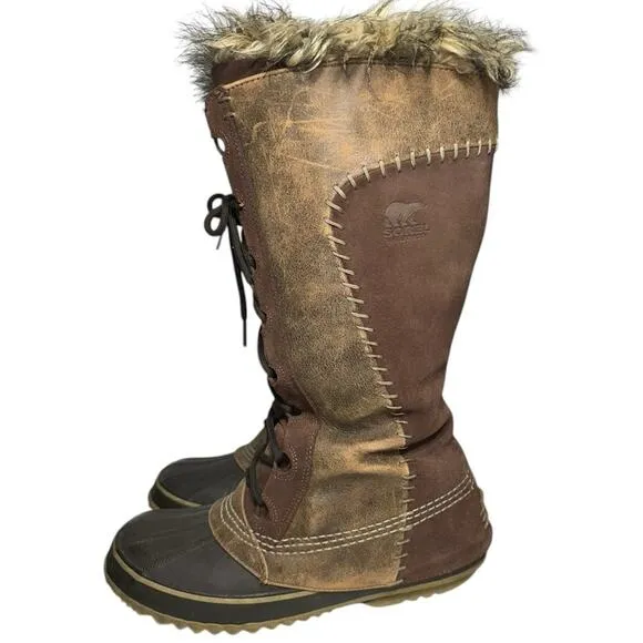 Sorel Women’s 9 Brown Tan Cate the Great Waterproof Tall Fur Snow Winter Boots