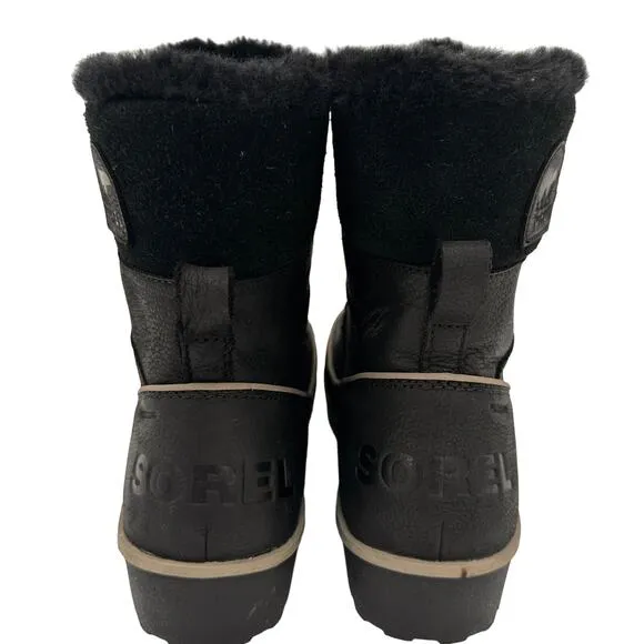 Sorel Women's Black Tivoli Leather Suede Black Faux Fur Insulated Boots Size 8.5