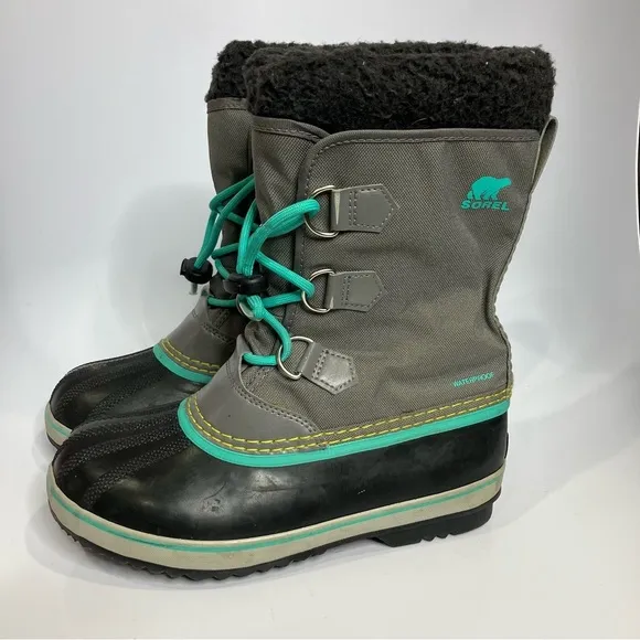 Sorel Yoot Pac insulated waterproof boots gray, teal youth size 5