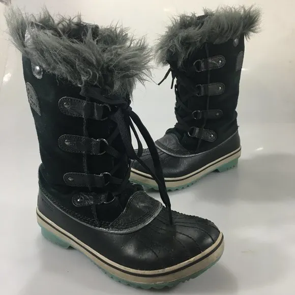 Sorel Youth 5 Tofino Black Suede Insulated Rubber Winter Duck Boots Waterproof