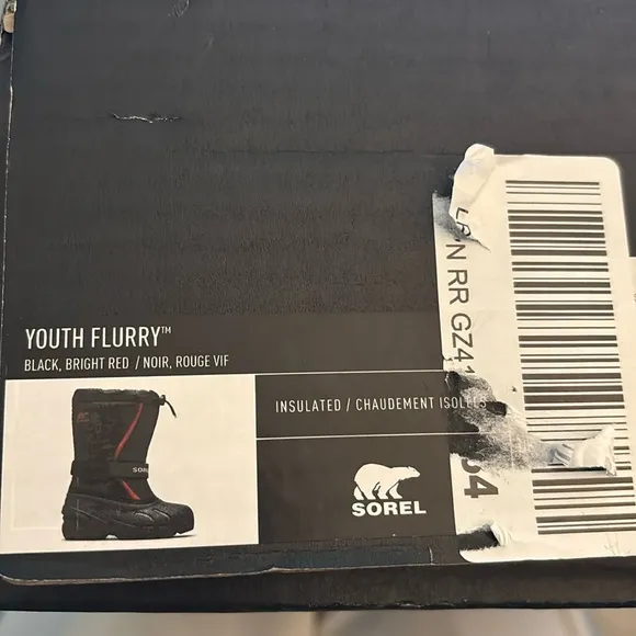 SOREL Youth Flurry Winter Snow Boots for Kids black/red insulated 5 NWT