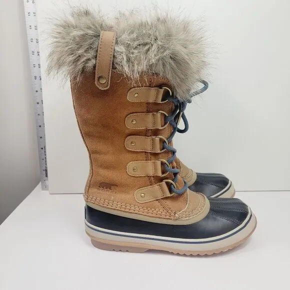 Sorel Womens Midcalf Faux Fur Winter Snow Boots Size 7.5 Tan Blue