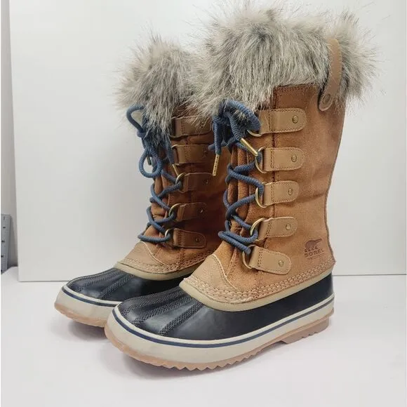 Sorel Womens Midcalf Faux Fur Winter Snow Boots Size 7.5 Tan Blue