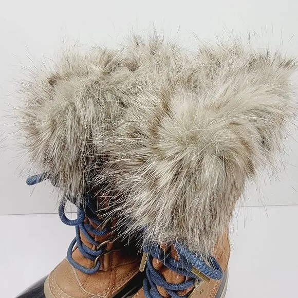 Sorel Womens Midcalf Faux Fur Winter Snow Boots Size 7.5 Tan Blue
