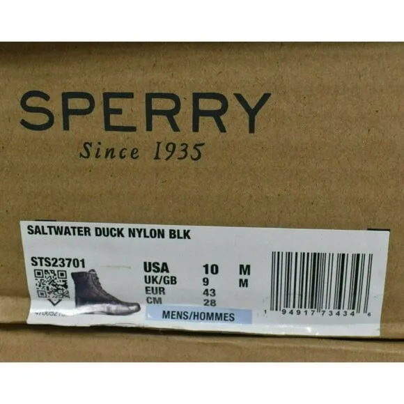 Sperry Mens Size 10 M Saltwater Black Duck Nylon Water Resistant Lace Up Boots
