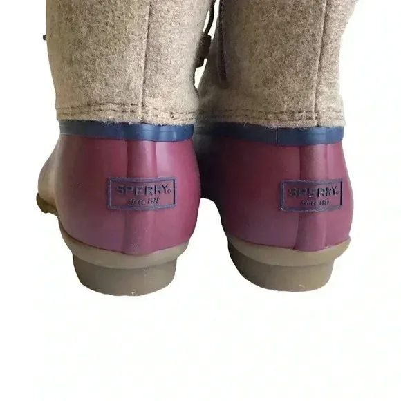 Sperry Saltwater Wool Women 7.5 Rain Duck Boots Tan Burgundy Lace Up Fall Winter