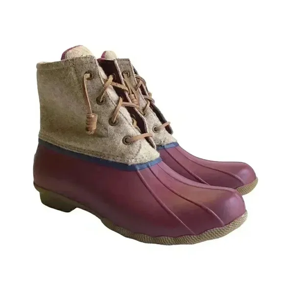 Sperry Saltwater Wool Womens 7 Rain Duck Boots Tan Burgundy Lace Up Fall Winter