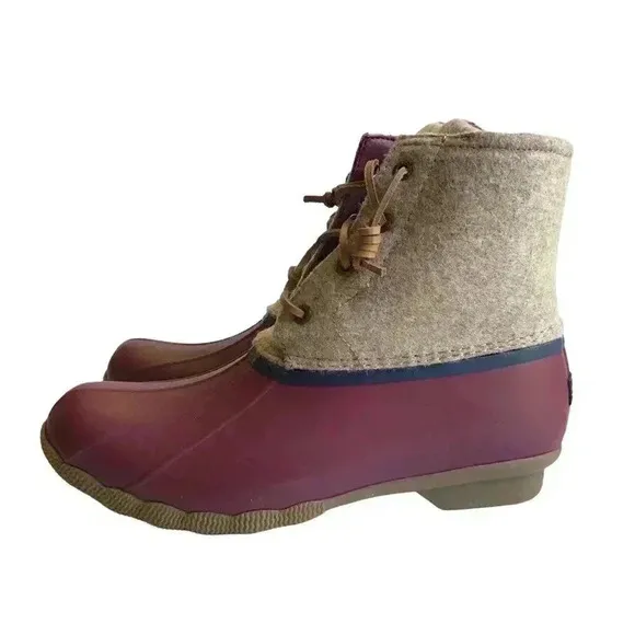 Sperry Saltwater Wool Womens 7 Rain Duck Boots Tan Burgundy Lace Up Fall Winter