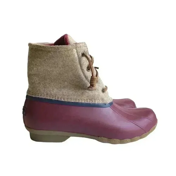 Sperry Saltwater Wool Womens 7 Rain Duck Boots Tan Burgundy Lace Up Fall Winter