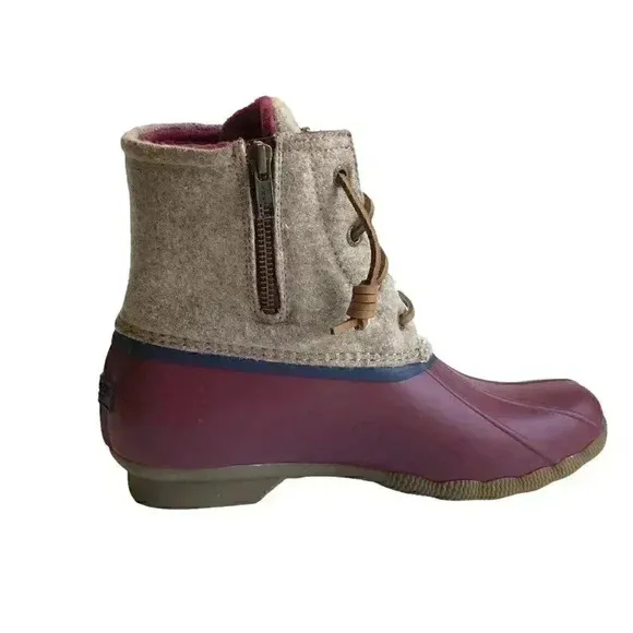 Sperry Saltwater Wool Womens 7 Rain Duck Boots Tan Burgundy Lace Up Fall Winter