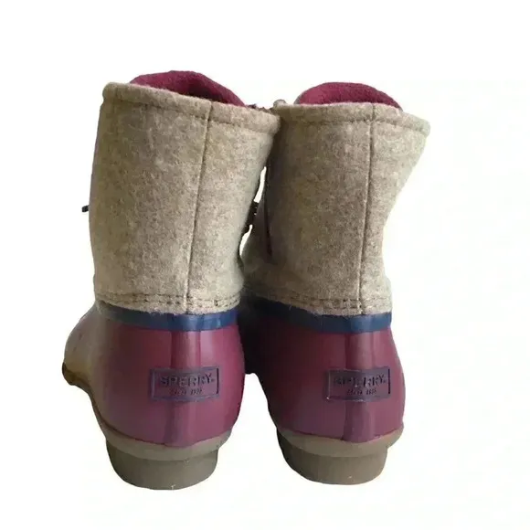Sperry Saltwater Wool Womens 7 Rain Duck Boots Tan Burgundy Lace Up Fall Winter