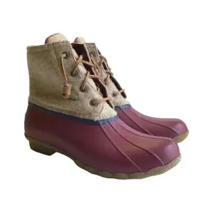Sperry Saltwater Wool Womens 7 Rain Duck Boots Tan Burgundy Lace Up Fall Winter