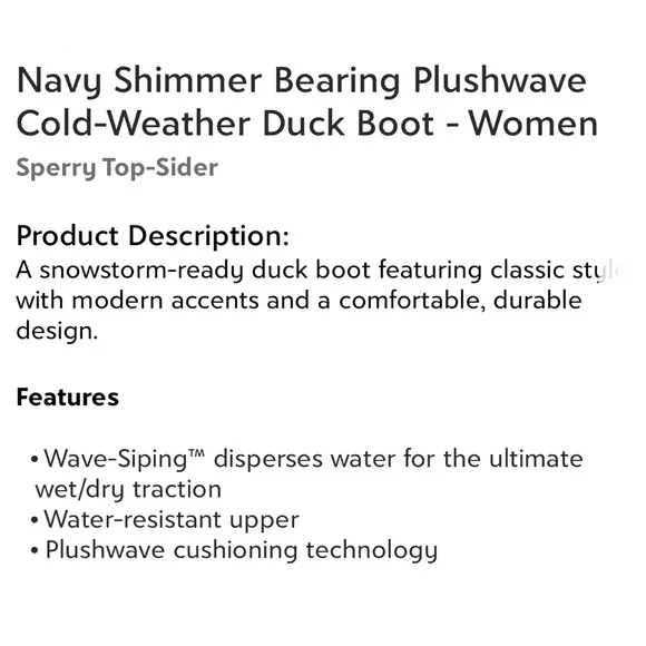 Sperry Top-Sider Navy Shimmer Bearing Plushwave Cold Weather Duck Boots Size 6