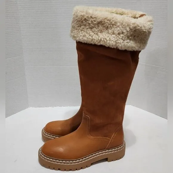 Splendid  Antonia Sherpa Fur trimmed Cognac Suede leather boots Womens 7.5 8 New