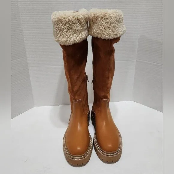 Splendid  Antonia Sherpa Fur trimmed Cognac Suede leather boots Womens 7.5 8 New