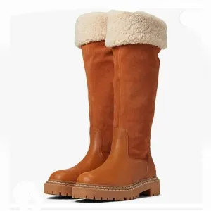 Splendid  Antonia Sherpa Fur trimmed Cognac Suede leather boots Womens 7.5 8 New