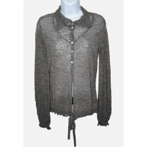 Stefanel Top Womens Sz S Grey Alpaca Long Sleeve Cardigan Collared Sheer Sweater