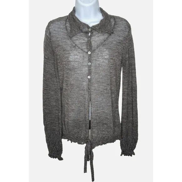 Stefanel Top Womens Sz S Grey Alpaca Long Sleeve Cardigan Collared Sheer Sweater