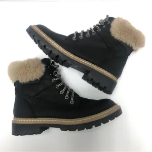 Steve Madden Alaska Faux Fur Black Leather Combat Women Boots Size 6.5