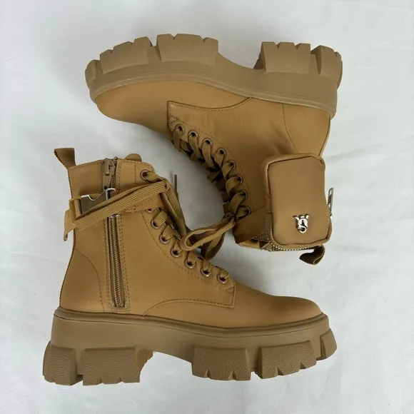Steve Madden Tanker P Combat Boots Chunky Platform Ankle Booties Tan Size 5
