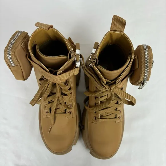 Steve Madden Tanker P Combat Boots Chunky Platform Ankle Booties Tan Size 5