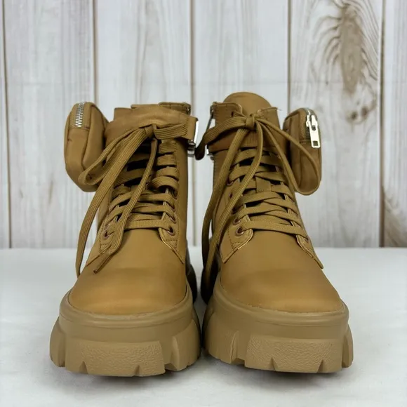 Steve Madden Tanker P Combat Boots Chunky Platform Ankle Booties Tan Size 5