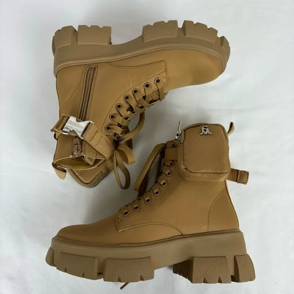 Steve Madden Tanker P Combat Boots Chunky Platform Ankle Booties Tan Size 5