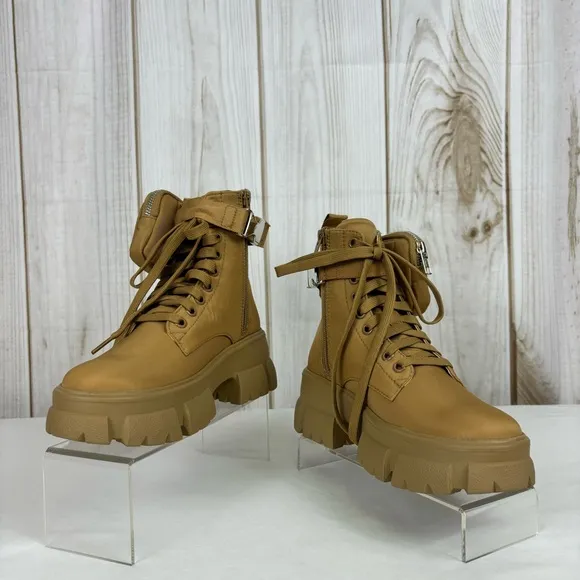 Steve Madden Tanker P Combat Boots Chunky Platform Ankle Booties Tan Size 5