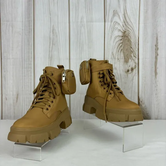 Steve Madden Tanker P Combat Boots Chunky Platform Ankle Booties Tan Size 5