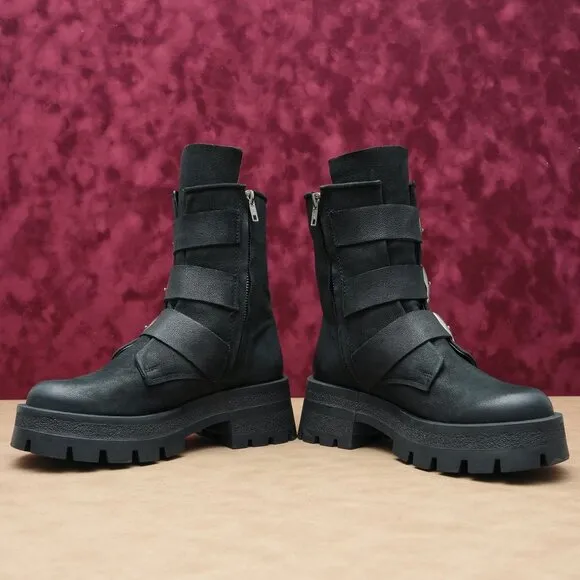 Steve Madden Women Roland Black Leather Festival Moto Zip Boots sz 6