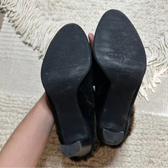 STUART WEITZMAN black / leopard suede and rabbit fur heeled ankle boots 9.5