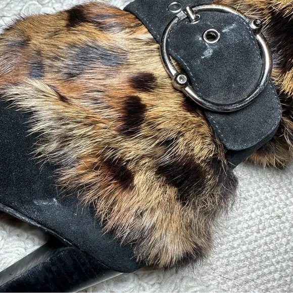 STUART WEITZMAN black / leopard suede and rabbit fur heeled ankle boots 9.5