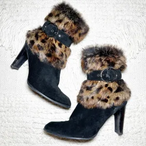 STUART WEITZMAN black / leopard suede and rabbit fur heeled ankle boots 9.5