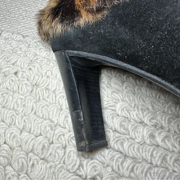 STUART WEITZMAN black / leopard suede and rabbit fur heeled ankle boots 9.5